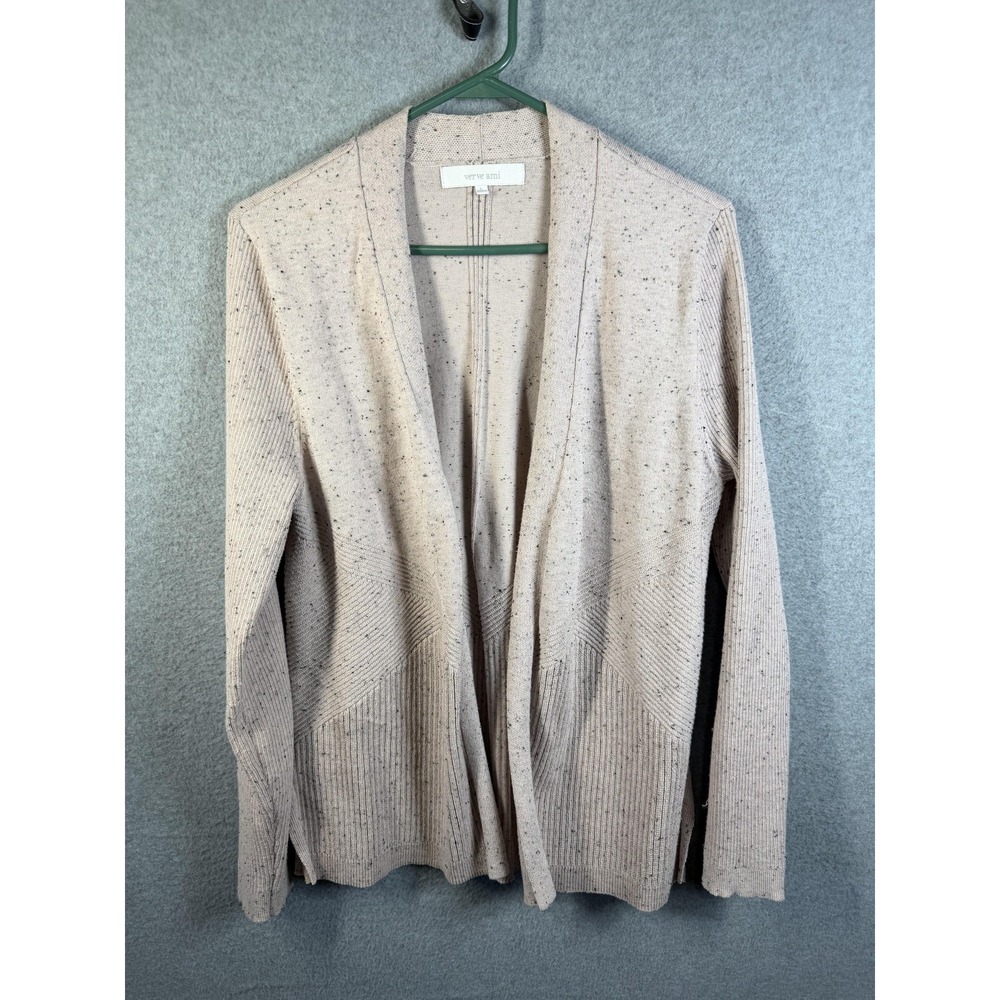 Verve Ami Cardigan Womens Large Beige Open Front Speckled Sweater Long Sleeve